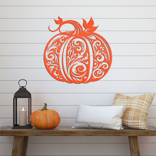 Decorative Scroll Pumpkin Metal Sign - Fall Harvest Decor - Indoor/Outdoor Autumn Pumpkin Signs - Thanksgiving Wall Art - Front Door Decor