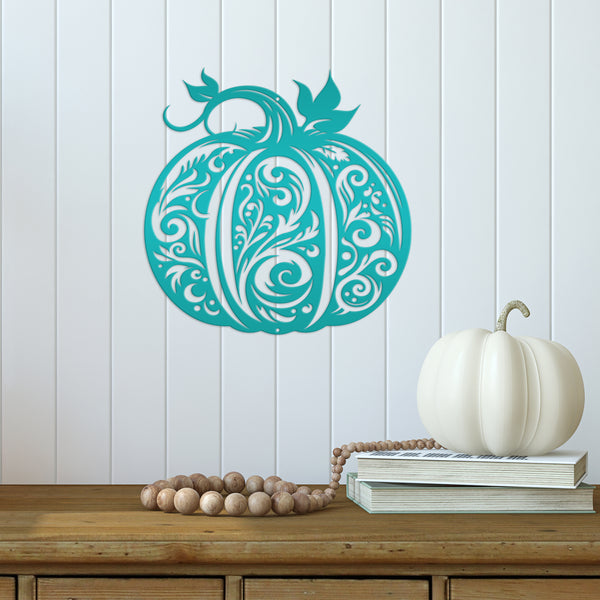Decorative Scroll Pumpkin Metal Sign - Fall Harvest Decor - Indoor/Outdoor Autumn Pumpkin Signs - Thanksgiving Wall Art - Front Door Decor