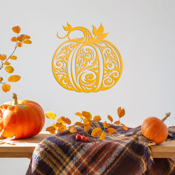 Decorative Scroll Pumpkin Metal Sign - Fall Harvest Decor - Indoor/Outdoor Autumn Pumpkin Signs - Thanksgiving Wall Art - Front Door Decor
