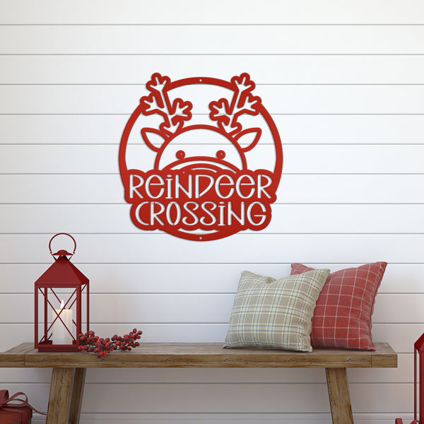 Reindeer Crossing Metal Sign, Funny Holiday Sign, Holiday Decor