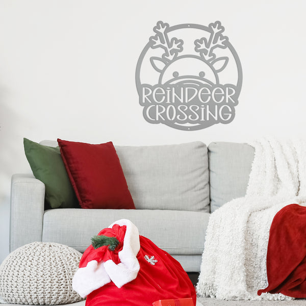 Reindeer Crossing Metal Sign, Funny Holiday Sign, Holiday Decor