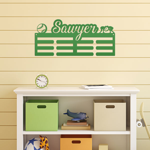 Medal Hanger for 2 Sports - Personalized Name Plate - Wall-Mounted Organizer - Dual Sports Customized Gift - Athletic Children's Home Decor
