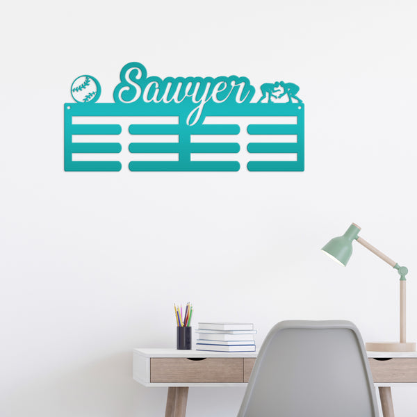 Medal Hanger for 2 Sports - Personalized Name Plate - Wall-Mounted Organizer - Dual Sports Customized Gift - Athletic Children's Home Decor