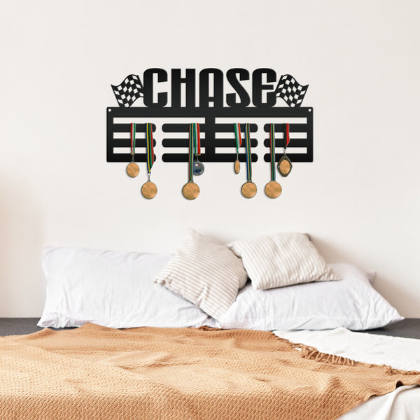 Medal Holder, Personalized Award Wall Rack, Metal Custom Name Hanging Display for Racing Awards, Boys and Girls Sports Bedroom Sign
