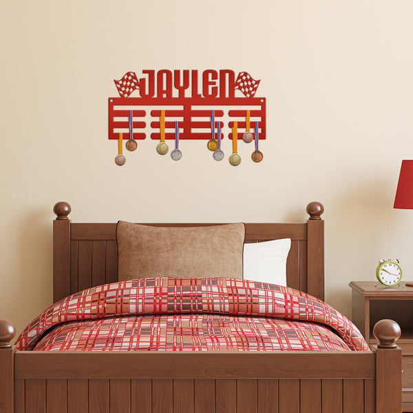Medal Holder, Personalized Award Wall Rack, Metal Custom Name Hanging Display for Racing Awards, Boys and Girls Sports Bedroom Sign