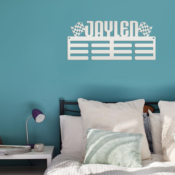 Medal Holder, Personalized Award Wall Rack, Metal Custom Name Hanging Display for Racing Awards, Boys and Girls Sports Bedroom Sign