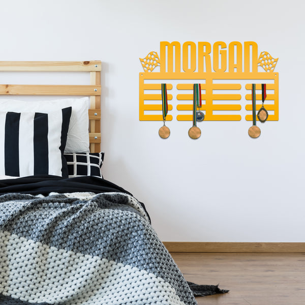 Medal Holder, Personalized Award Wall Rack, Metal Custom Name Hanging Display for Racing Awards, Boys and Girls Sports Bedroom Sign