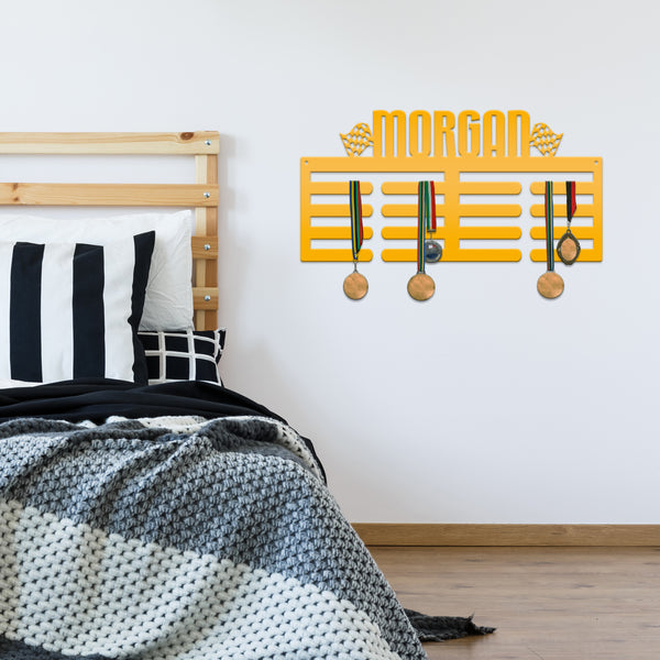 Medal Holder, Personalized Award Wall Rack, Metal Custom Name Hanging Display for Racing Awards, Boys and Girls Sports Bedroom Sign