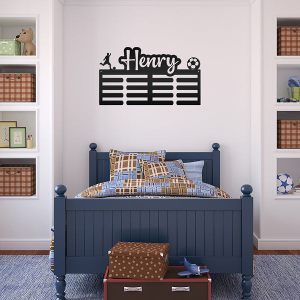 Medal Holder, Personalized Award Wall Rack, Metal Custom Name Hanging Display for Soccer Awards, Boys and Girls Sports Bedroom Sign