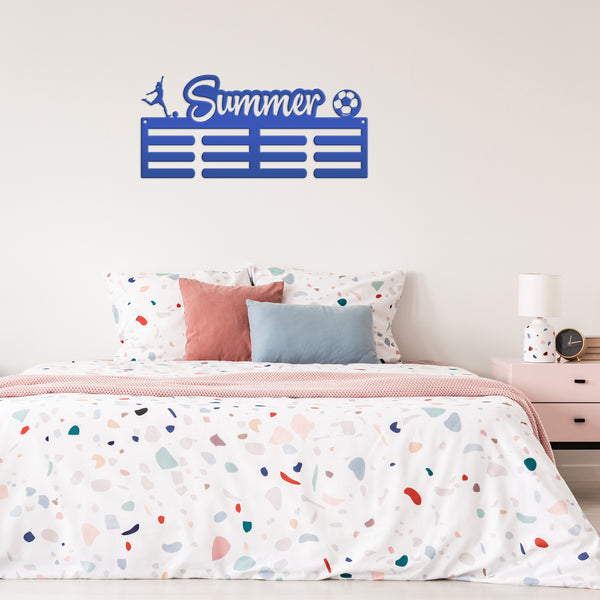 Medal Holder, Personalized Award Wall Rack, Metal Custom Name Hanging Display for Soccer Awards, Boys and Girls Sports Bedroom Sign