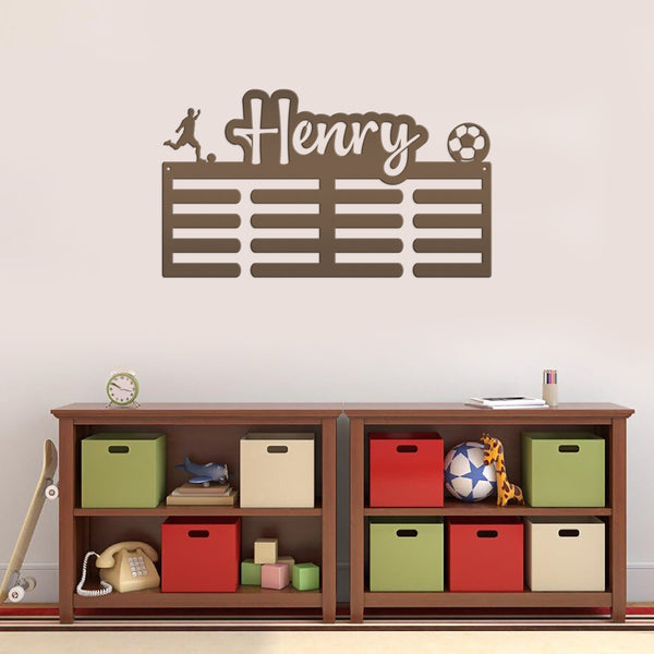 Medal Holder, Personalized Award Wall Rack, Metal Custom Name Hanging Display for Soccer Awards, Boys and Girls Sports Bedroom Sign