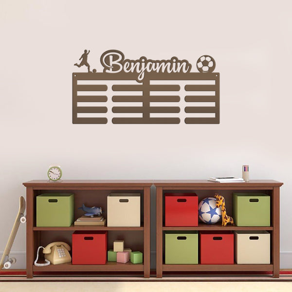 Medal Holder, Personalized Award Wall Rack, Metal Custom Name Hanging Display for Soccer Awards, Boys and Girls Sports Bedroom Sign