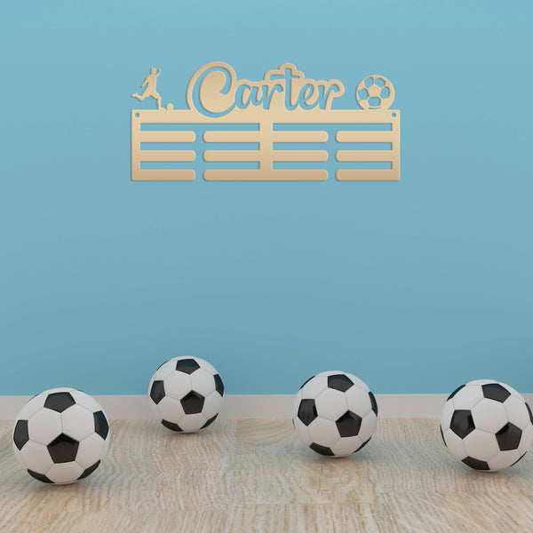 Medal Holder, Personalized Award Wall Rack, Metal Custom Name Hanging Display for Soccer Awards, Boys and Girls Sports Bedroom Sign