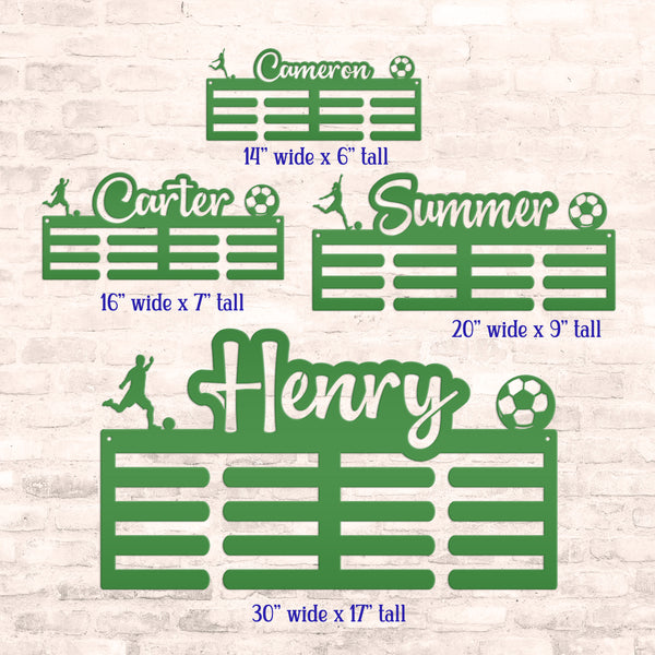 Medal Holder, Personalized Award Wall Rack, Metal Custom Name Hanging Display for Soccer Awards, Boys and Girls Sports Bedroom Sign