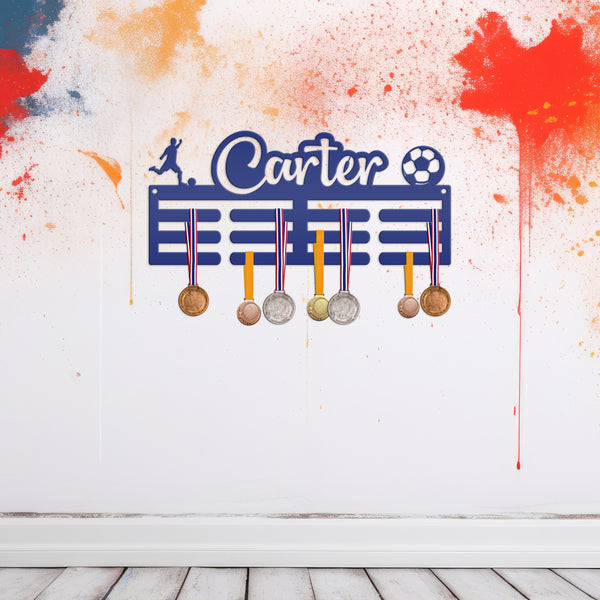 Medal Holder, Personalized Award Wall Rack, Metal Custom Name Hanging Display for Soccer Awards, Boys and Girls Sports Bedroom Sign