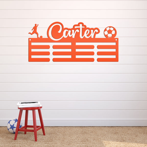 Medal Holder, Personalized Award Wall Rack, Metal Custom Name Hanging Display for Soccer Awards, Boys and Girls Sports Bedroom Sign