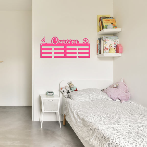 Medal Holder, Personalized Award Wall Rack, Metal Custom Name Hanging Display for Soccer Awards, Boys and Girls Sports Bedroom Sign