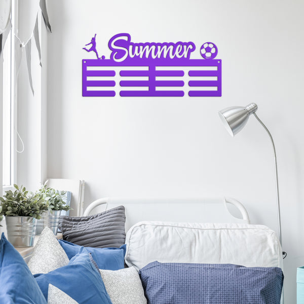 Medal Holder, Personalized Award Wall Rack, Metal Custom Name Hanging Display for Soccer Awards, Boys and Girls Sports Bedroom Sign