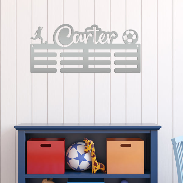 Medal Holder, Personalized Award Wall Rack, Metal Custom Name Hanging Display for Soccer Awards, Boys and Girls Sports Bedroom Sign