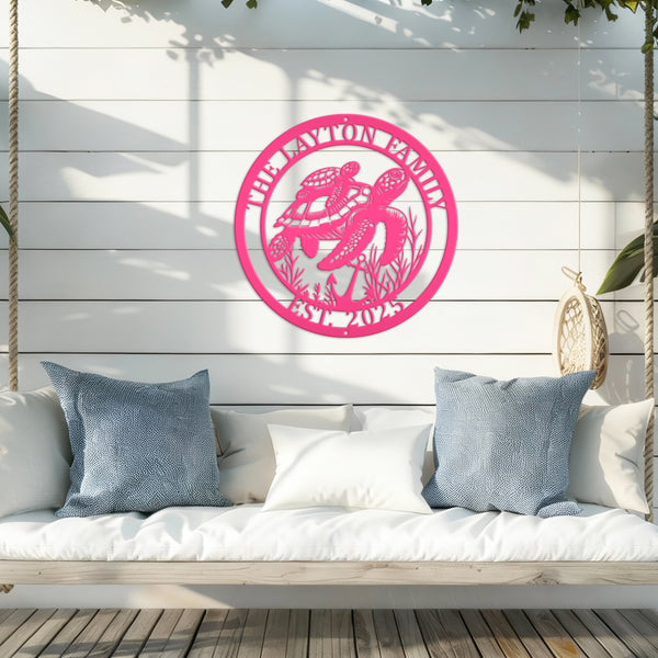 Custom Sea Turtle Family Metal Sign - Personalized Ocean Home Decor - Beach House Decoration - Front Porch Wall Art - Cute Housewarming Gift