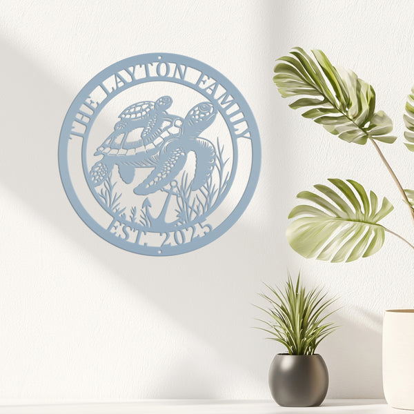 Custom Sea Turtle Family Metal Sign - Personalized Ocean Home Decor - Beach House Decoration - Front Porch Wall Art - Cute Housewarming Gift