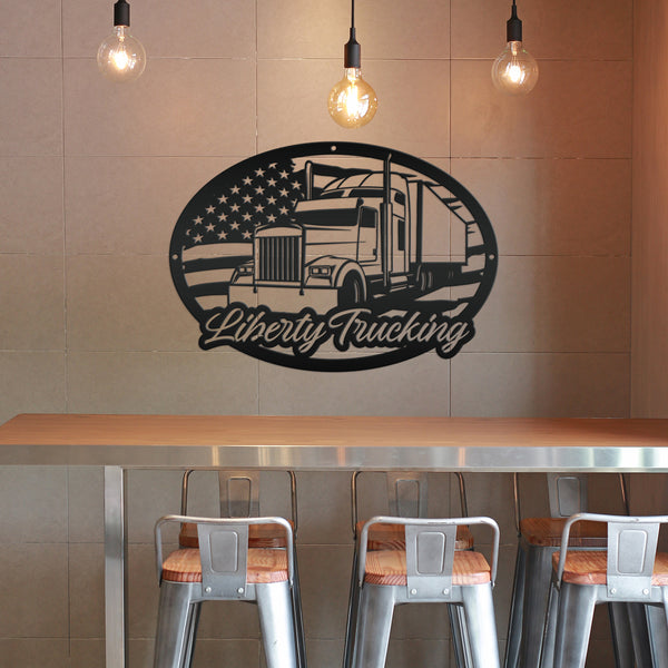 Personalized Tractor Trailer with American Flag Metal Sign, Semi Truck Sign, Tractor Trailer Truck Wall Art & Decor, Trucking Shop Custom Business Sign, Father's Day Gift Ideas