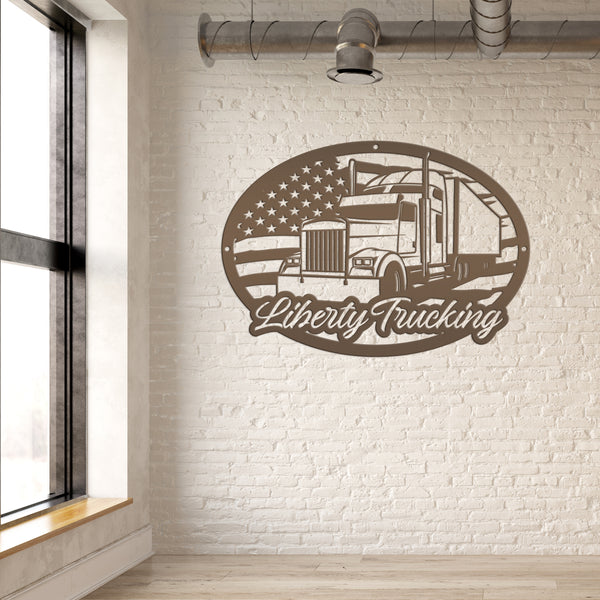 Personalized Tractor Trailer with American Flag Metal Sign, Semi Truck Sign, Tractor Trailer Truck Wall Art & Decor, Trucking Shop Custom Business Sign, Father's Day Gift Ideas