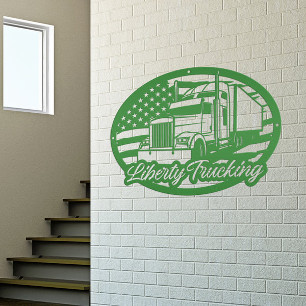 Personalized Tractor Trailer with American Flag Metal Sign, Semi Truck Sign, Tractor Trailer Truck Wall Art & Decor, Trucking Shop Custom Business Sign, Father's Day Gift Ideas