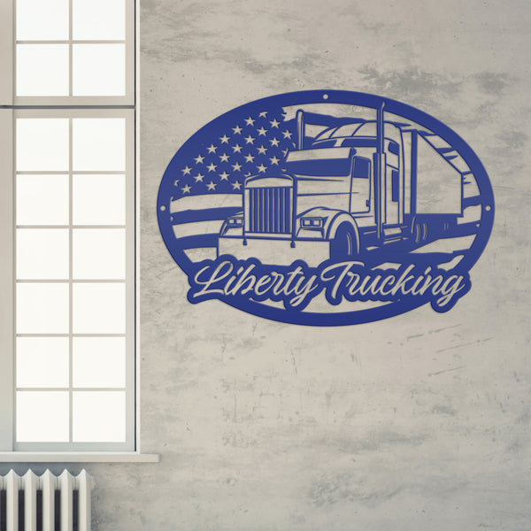 Personalized Tractor Trailer with American Flag Metal Sign, Semi Truck Sign, Tractor Trailer Truck Wall Art & Decor, Trucking Shop Custom Business Sign, Father's Day Gift Ideas