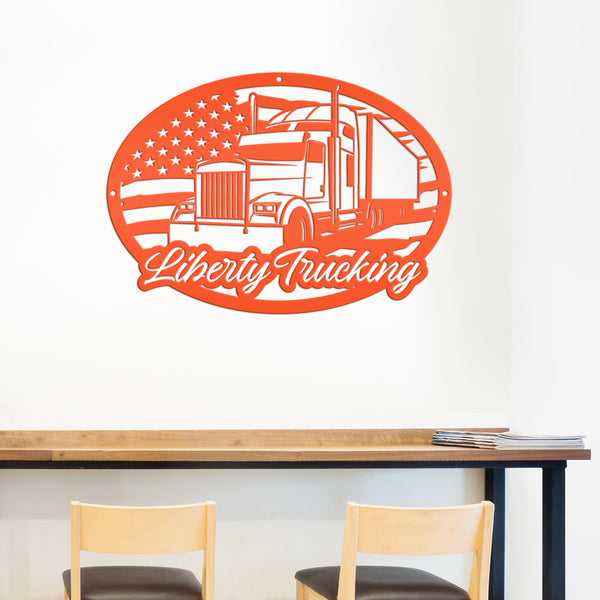 Personalized Tractor Trailer with American Flag Metal Sign, Semi Truck Sign, Tractor Trailer Truck Wall Art & Decor, Trucking Shop Custom Business Sign, Father's Day Gift Ideas