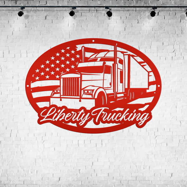 Personalized Tractor Trailer with American Flag Metal Sign, Semi Truck Sign, Tractor Trailer Truck Wall Art & Decor, Trucking Shop Custom Business Sign, Father's Day Gift Ideas