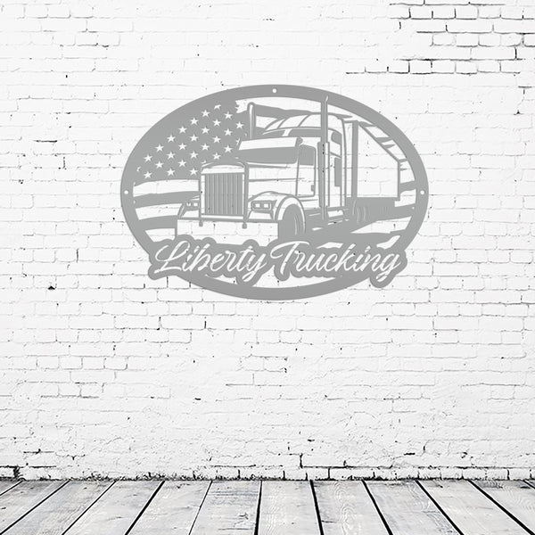 Personalized Tractor Trailer with American Flag Metal Sign, Semi Truck Sign, Tractor Trailer Truck Wall Art & Decor, Trucking Shop Custom Business Sign, Father's Day Gift Ideas