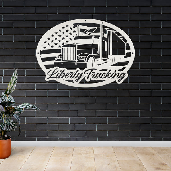 Personalized Tractor Trailer with American Flag Metal Sign, Semi Truck Sign, Tractor Trailer Truck Wall Art & Decor, Trucking Shop Custom Business Sign, Father's Day Gift Ideas