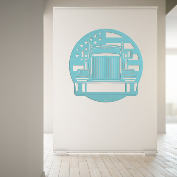 Tractor Trailer with American Flag Metal Sign, Semi Truck Metal Signs, Trucker Signs, Semi Truck Wall Art Decor, Father's Day Gift Idea, Truckers Wall Decor