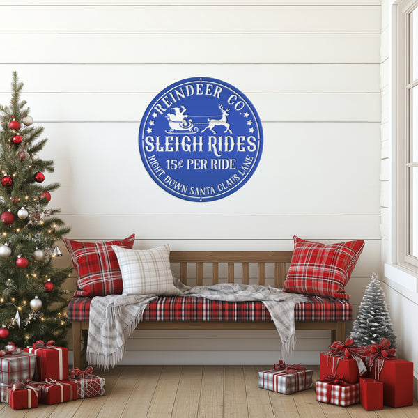Santa Sleigh Sign, Vintage Looking Metal Christmas Decor, Reindeer Sign