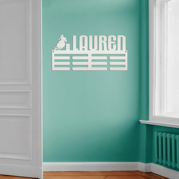 Personalized Barrell Racing Medals Holder-Metal Holder for Medals-Kids Bedroom Decor-Medal Holder-Ribbons-Pesonalized Medal Display for Bedroom-Custom Medal Holder for Awards-Medal Hanger-Sports Bedroom Decor