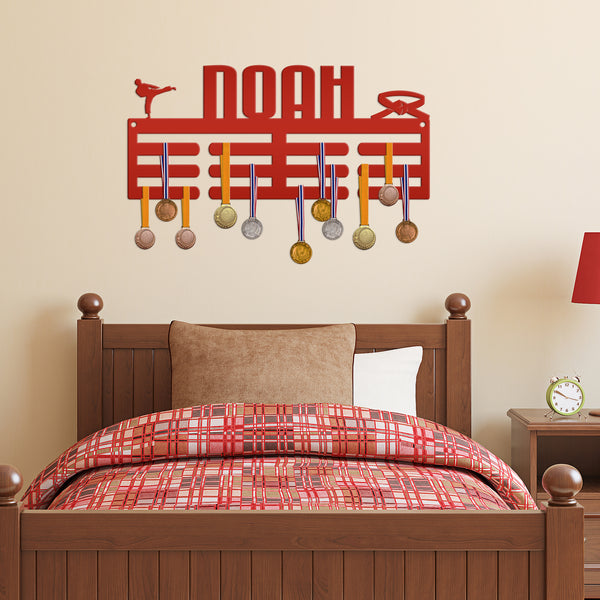 Personalized Karate Medals Holder - Martial Arts Sign-Medal-Ribbon Holder-Hanger-Kids Bedroom Decor-Medal Hooks
