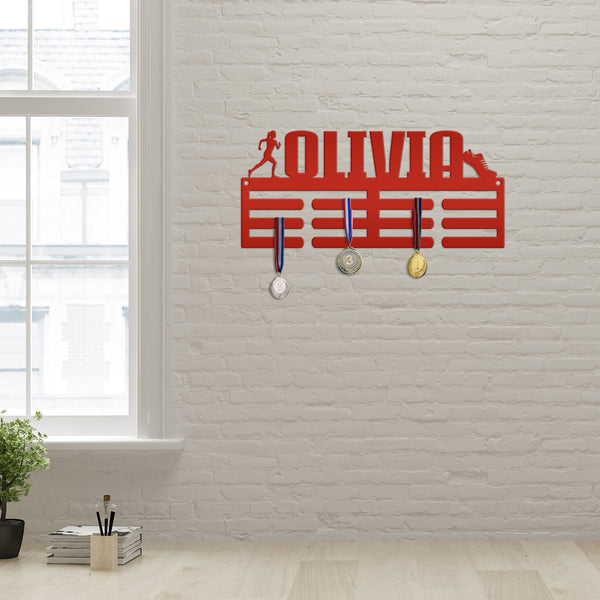 Personalized Track/Cross Country Running Medals Holder - Senior Gift-Metal Holder for Medals-Kids Bedroom Decor-Medal Holder-Ribbons-Pesonalized Medal Display for Bedroom-Custom Medal Holder for Awards-Medal Hanger-Sports Bedroom Decor
