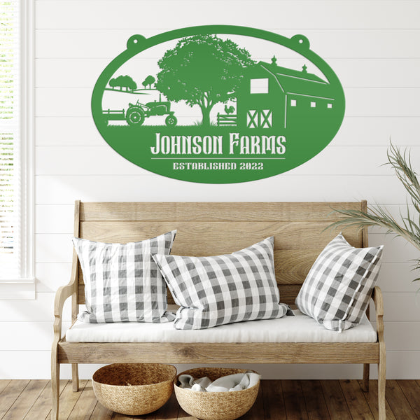 Personalized Tractor and Wagon Farm Scene with Established Date Metal Sign-Family Farm Sign-Tractor -Barn Metal Sign
