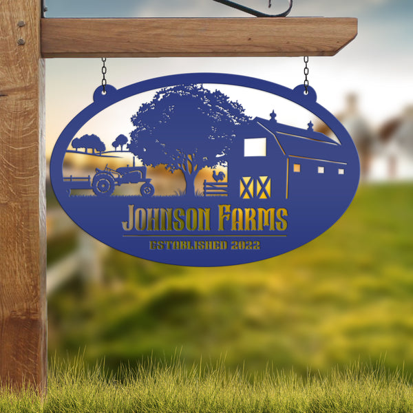 Personalized Tractor and Wagon Farm Scene with Established Date Metal Sign-Family Farm Sign-Tractor -Barn Metal Sign