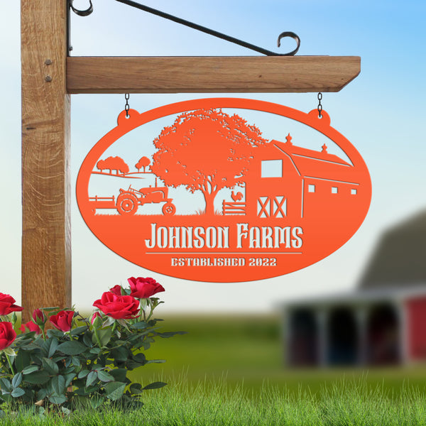 Personalized Tractor and Wagon Farm Scene Metal Sign, Family Farm Sign, Tractor, Barn Metal Sign