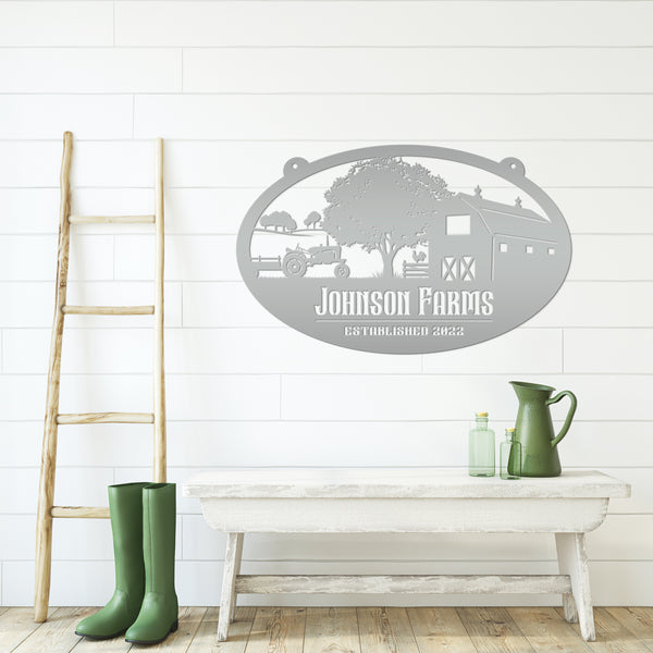 Personalized Tractor and Wagon Farm Scene Metal Sign, Family Farm Sign, Tractor, Barn Metal Sign