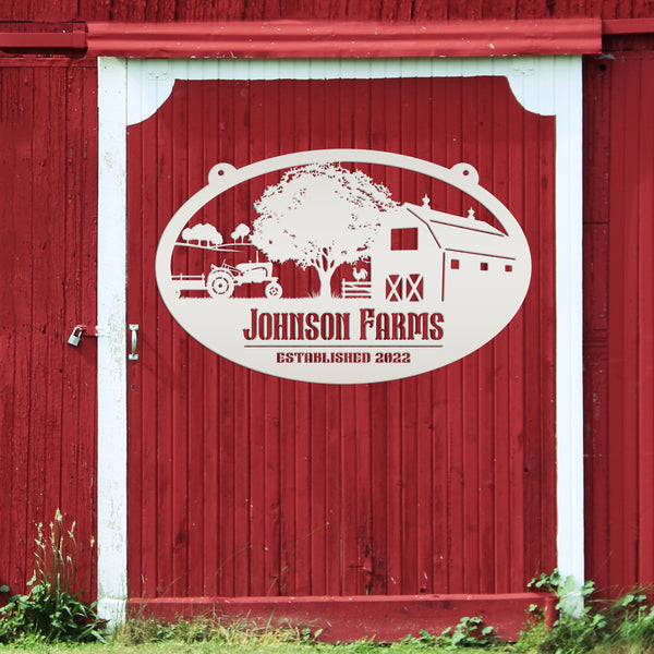 Personalized Tractor and Wagon Farm Scene Metal Sign, Family Farm Sign, Tractor, Barn Metal Sign