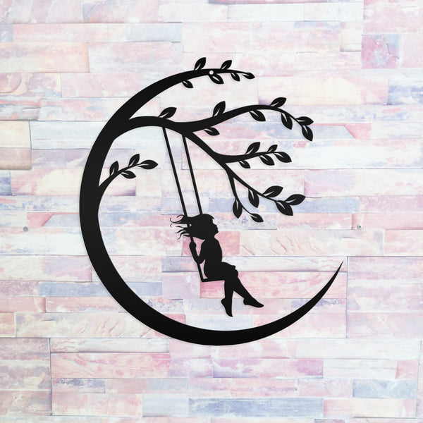 Moon Sign with Swinging Child, Child Swings on the Moon, Nursery Wall Decor, Kids Bedroom Wall Art, Girls Bedroom Room Decor for the Wall, Child's Bedroom Wall Art