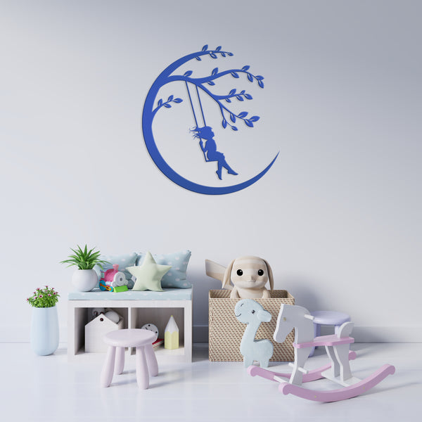 Moon Sign with Swinging Child, Child Swings on the Moon, Nursery Wall Decor, Kids Bedroom Wall Art, Girls Bedroom Room Decor for the Wall, Child's Bedroom Wall Art