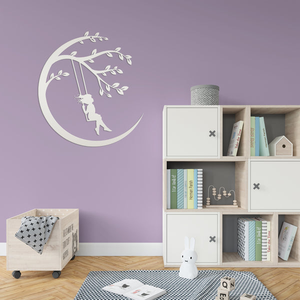 Moon Sign with Swinging Child, Child Swings on the Moon, Nursery Wall Decor, Kids Bedroom Wall Art, Girls Bedroom Room Decor for the Wall, Child's Bedroom Wall Art