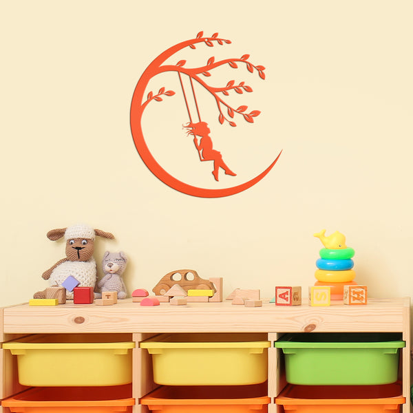 Moon Sign with Swinging Child, Child Swings on the Moon, Nursery Wall Decor, Kids Bedroom Wall Art, Girls Bedroom Room Decor for the Wall, Child's Bedroom Wall Art