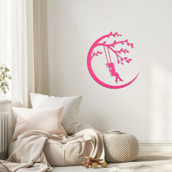 Moon Sign with Swinging Child, Child Swings on the Moon, Nursery Wall Decor, Kids Bedroom Wall Art, Girls Bedroom Room Decor for the Wall, Child's Bedroom Wall Art