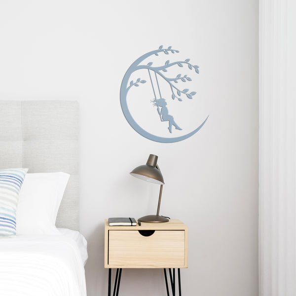 Moon Sign with Swinging Child, Child Swings on the Moon, Nursery Wall Decor, Kids Bedroom Wall Art, Girls Bedroom Room Decor for the Wall, Child's Bedroom Wall Art