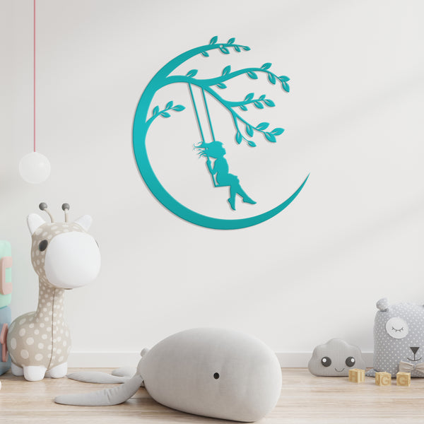 Moon Sign with Swinging Child, Child Swings on the Moon, Nursery Wall Decor, Kids Bedroom Wall Art, Girls Bedroom Room Decor for the Wall, Child's Bedroom Wall Art